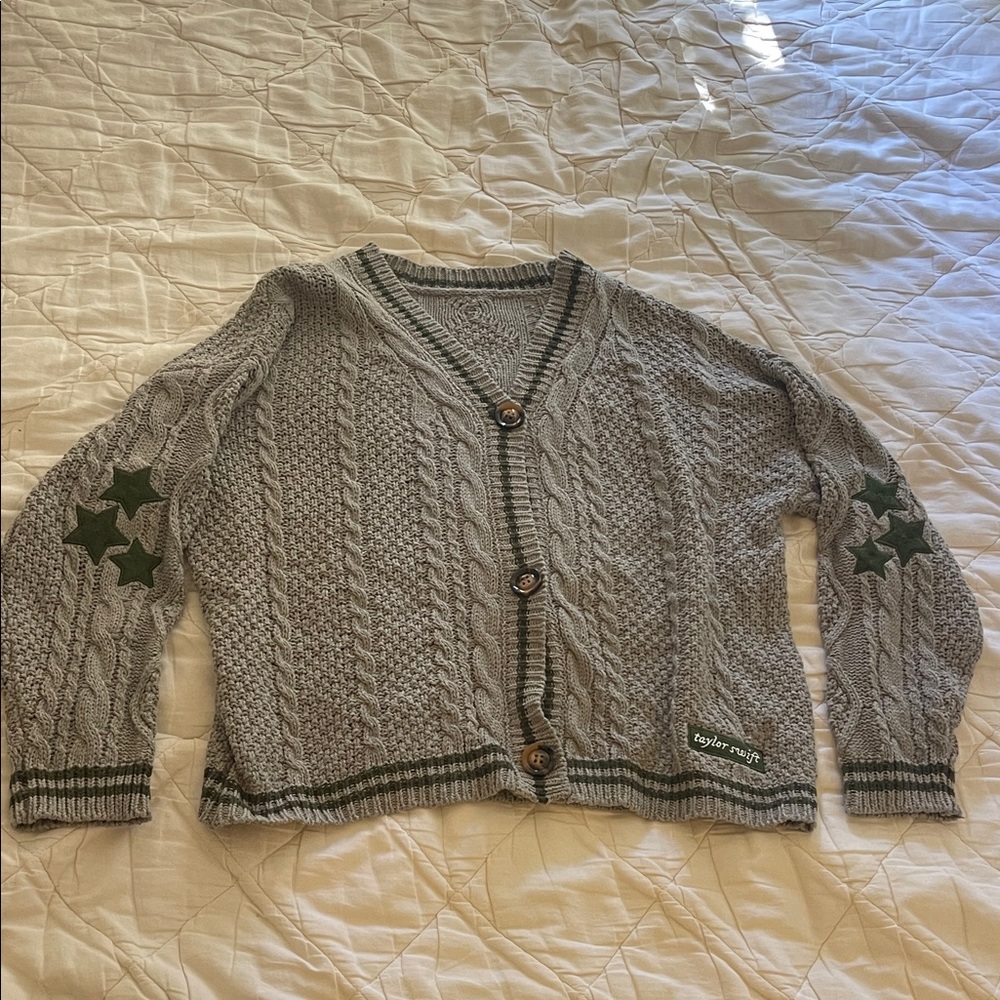Official Evermore Cardigan Gray Cable Knit Sweater with Green Accents